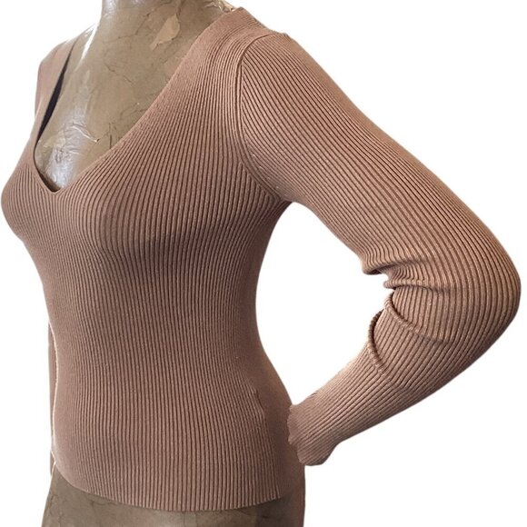 2 V-Neck Long Sleeve Ribbed Knit Tops Sz S:  F21 Tan & Nine West Rust #253N - Picture 3 of 10